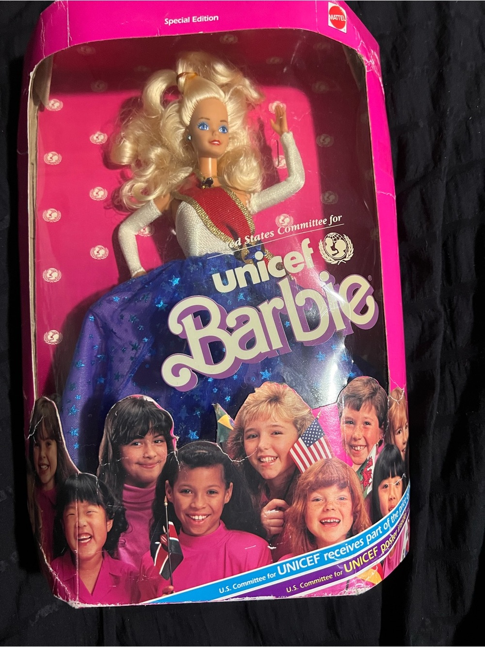 Mattel UNICEF Barbie in Pink Box with Blue Star Skirt